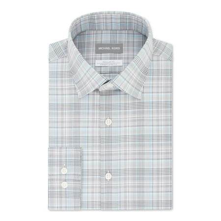 MICHAEL KORS Mens Gray Plaid Point Collar Classic Fit Stretch Dress Shirt 16.5- 32/33
