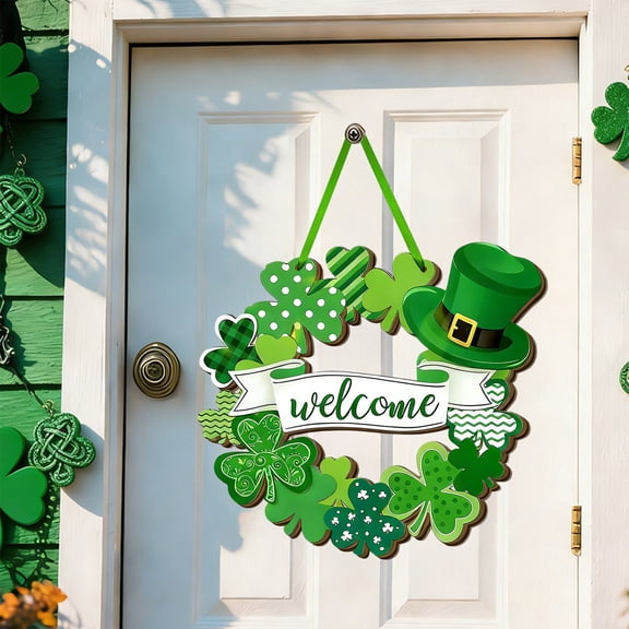 St. Patrick's Day Wooden Hanging Sign - 2D Flat Welcome Door Decoration for Front Door, Wall, Porch & Party, Green Shamrock Design