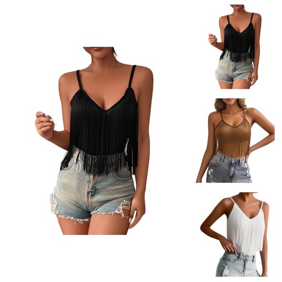 Western Cowgirl Fringe Tops for Women Summer Spaghetti Strap V Neck Tassel Hem Boho Rodeo Camisole Country Concert Outfits