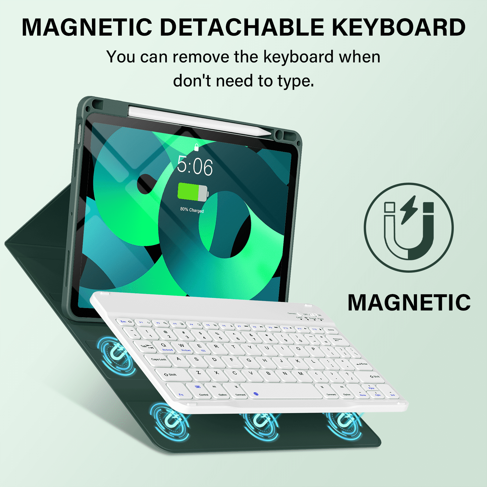 Kenke Keyboard Case iPad Air 11 Inch M4/M3/M2 (2026/2025/2024), iPad Air 5/4th Gen (2022/2020) 10.9 Inch, Detachable Bluetooth Keyboard Rechargeable with Right Side Pencil Holder & Groove, Dark Green