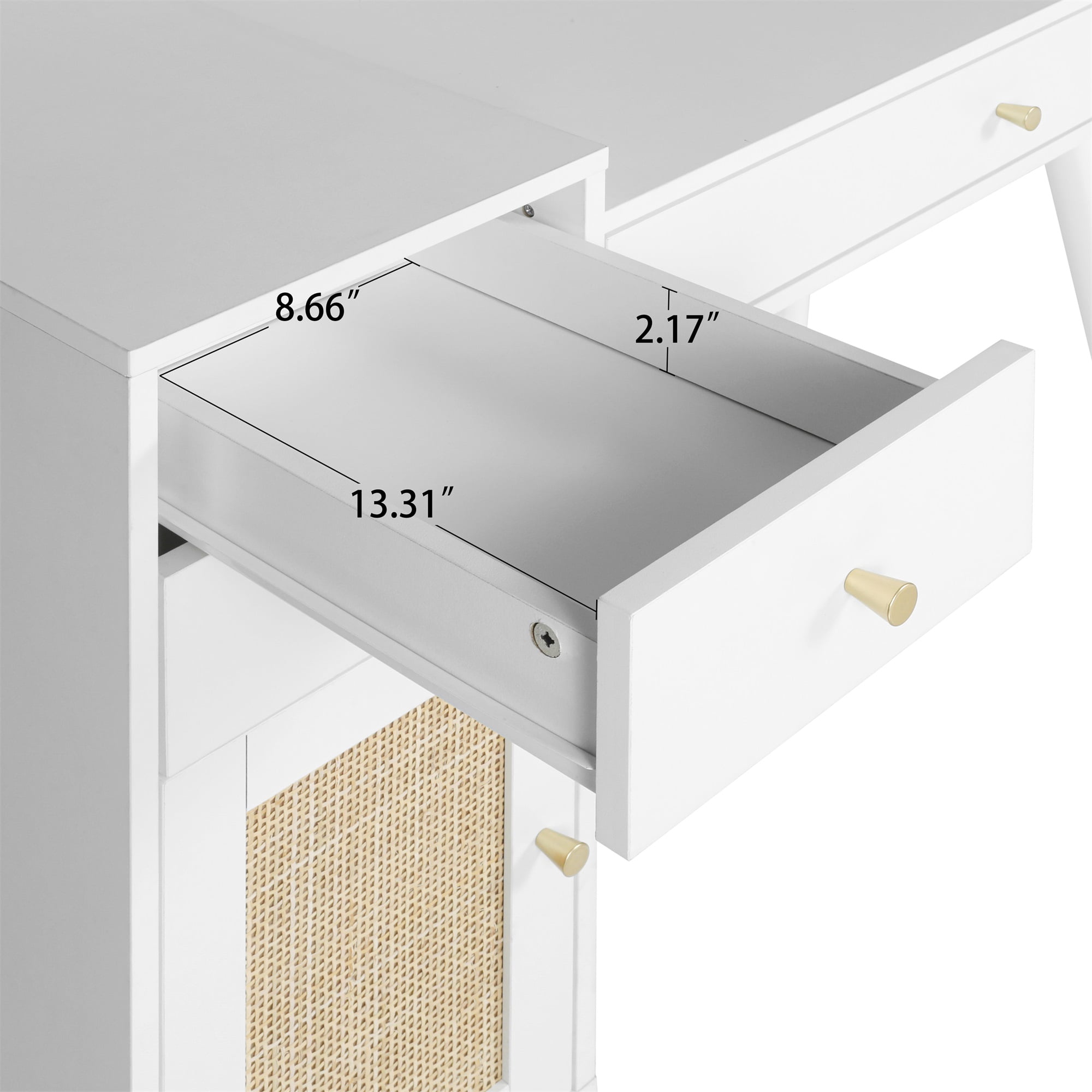 Spaco Modern Makeup Vanity with 3 Drawers, Dressing Table Wood Desk with Rattan Door, White Spaco Modern Makeup Vanity with 3 Drawers, Dressing Table Wood Desk with Rattan Door, White