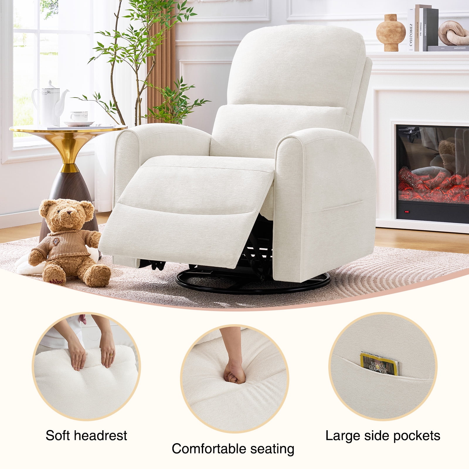 Aemeios Manual Recliner Swivel Chenille Glider Chair with Adjustable Headrest, White