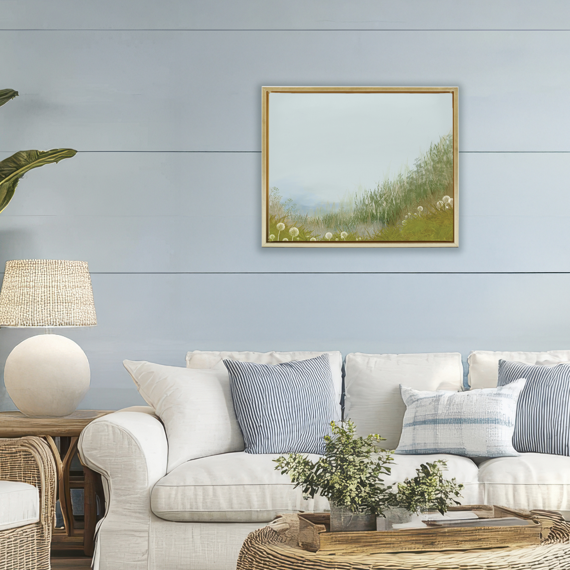 Misty Meadow Hill Gold Framed Floater Canvas Wall Art, design by Renel Peters
