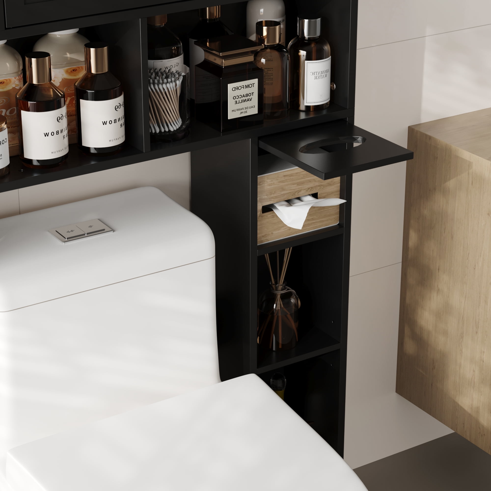 DIYART 67.8" H Over The Toilet Storage Cabinet with Adjustable Shelves & Toilet Paper Holder, Farmhouse Over Toilet Bathroom Organizer, Double Door Toilet Cabinet for Bathroom, and Laundry, Black