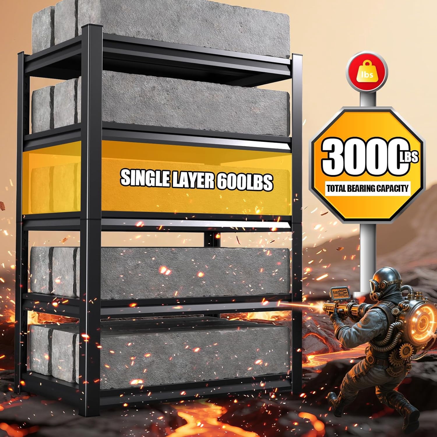 59" W Garage Shelving Heavy Duty Garage Storage Shelves Metal Shelving Unit 5T Adjustable Industrial Utility Shelf 3000LBS Black Organization Rack for Warehouse Storage,72" H x 59" W x 20" D