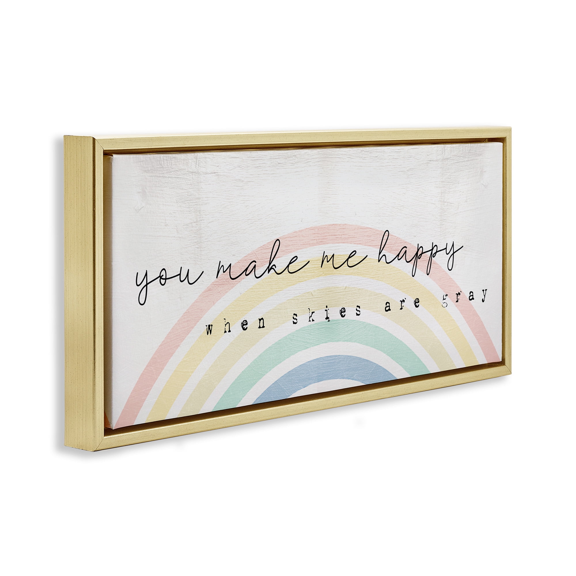 Stupell Industries Happy Phrase Rustic Rainbow Typography Painting Gold Floater Framed Canvas Art Print Wall Art, 25 x 11