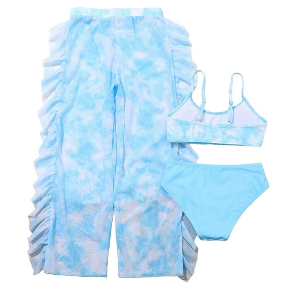 TOWED22 Girl's 3 Piece Swimsuit Floral Bikini Set High Waisted Bathing Suit Halter Swimsuit with Cover Ups Beach Skirt Blue,11-12 Y
