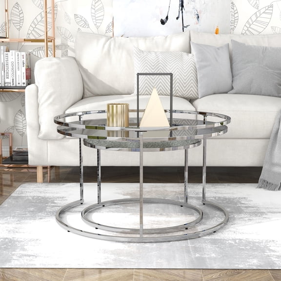 Elema Metal 2-Piece Round Nesting Table Set, Chrome and Gray