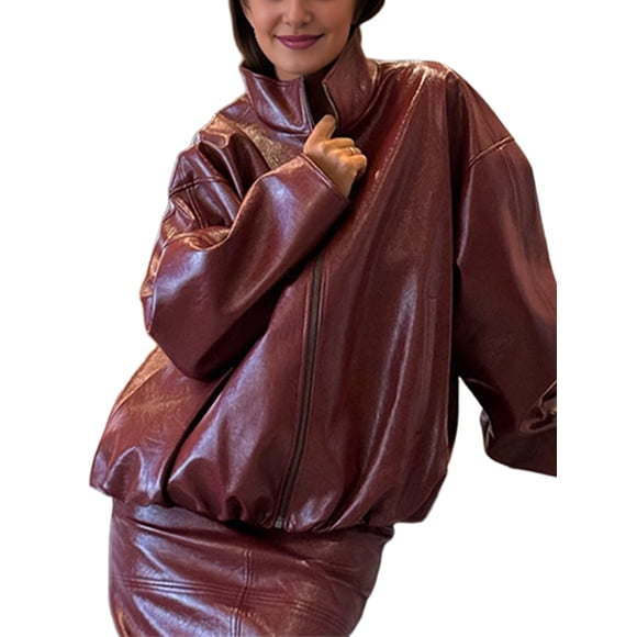 Women'S Elegant Glossy Leather Jacket with Lapel, Long Sleeves & Zipper Pocket Red M
