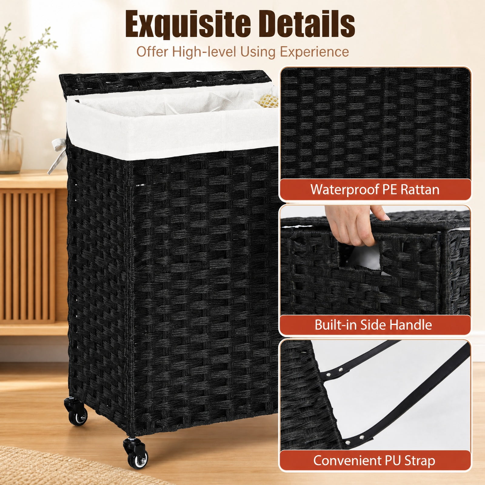 Vebreda Laundry Hamper with Wheels and Lid, Multifunctional Laundry Solution, Sturdy Structure and Durable Materials, Humanized Details