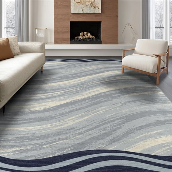 ODIKA 8'x10' Washable Area Rug Non-Shedding, Easy Care, Brushstroke Wave Motif Border Sage That Couch Costal Abstract Flowing Dynamic for King Size Bedroom Under Bed, Master Suite