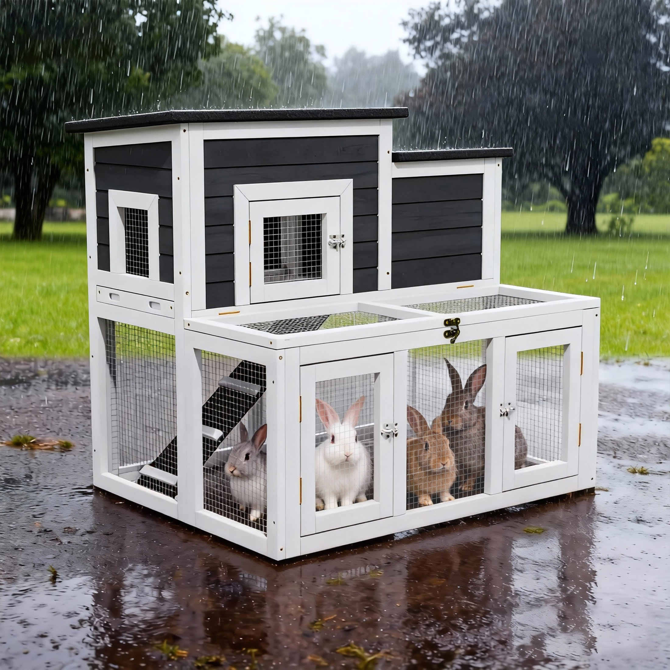 Outdoor 2 Story Wooden Rabbit Hutch with 2 Openable Asphalt Roofs, Indoor Guinea Pig Hideout with Wire Mesh and Tray,Black with White