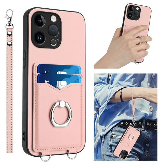 for iPhone 13 Pro Max Case, Card Holder Wallet Case, Ring Holder Stand, Wrist Hand Strap, PU Leather Anti-Scratch Shockproof Protective Flip Phone Cover for iPhone 13 Pro Max Case, Rosegold