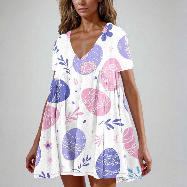 LOVZFMLL Ladies' Easter Print Fashionable V-neck Short Sleeved Loose Dress Pink S