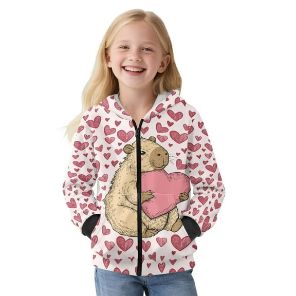 KUIFORTI Heart Capibala Girls Oversized Hoodie Sweatshirt Fleece-Lined Sweatshirt with Pocket for Girls Soft Comfortable Fall Fashion Outfits Winter Clothes 6-7 for Daily Life