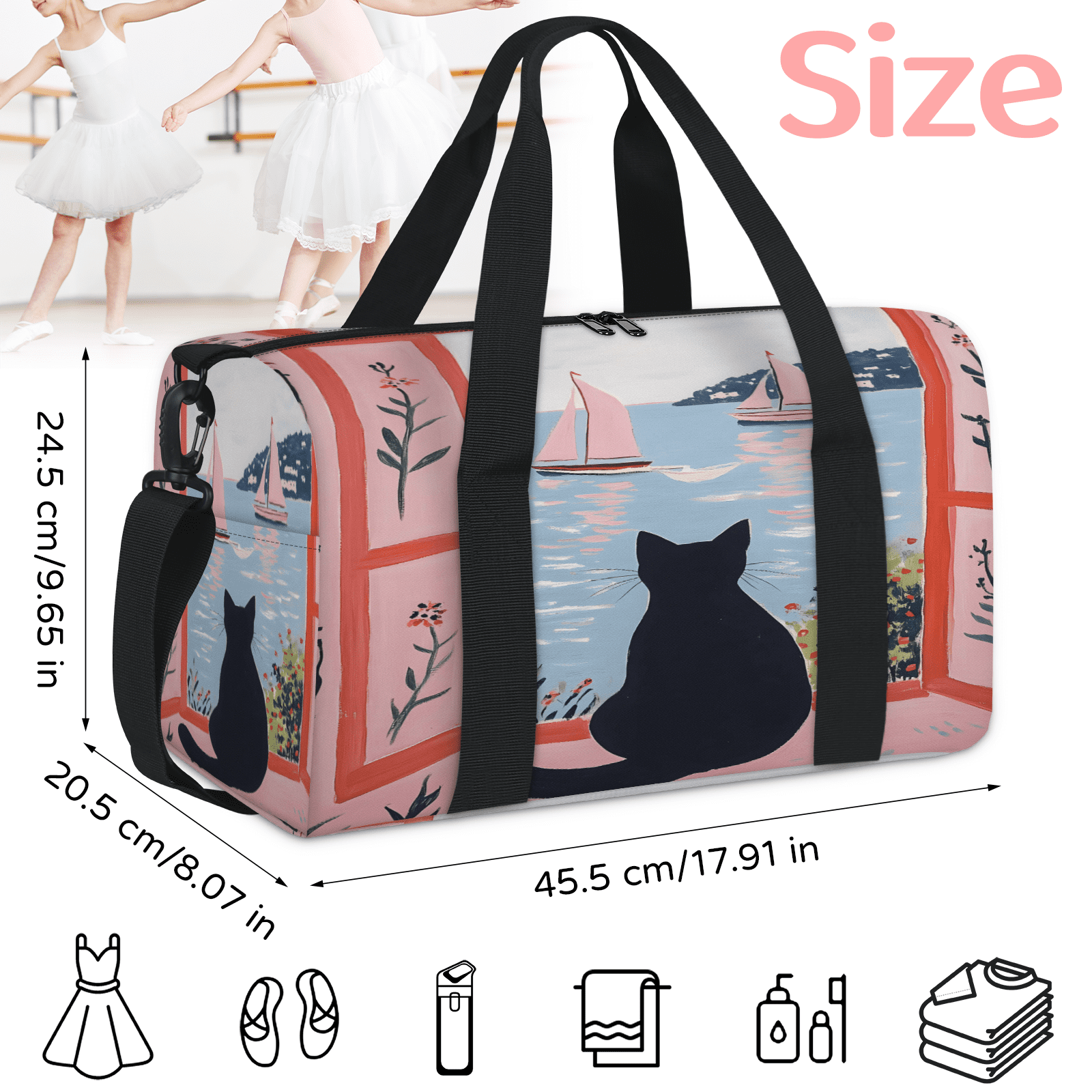 Herdesigns Cute Gym Bag for Women, Black Cat Duffle Bag for Travel Sport, Lightweight Waterproof Carry on Weekender Overnight Dance Yoga Workout Bags