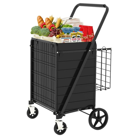 S-HOME Foldable Shopping Cart with Brake In Antique Black Metal, 150kg Capacity Utility Cart for Groceries and Laundry