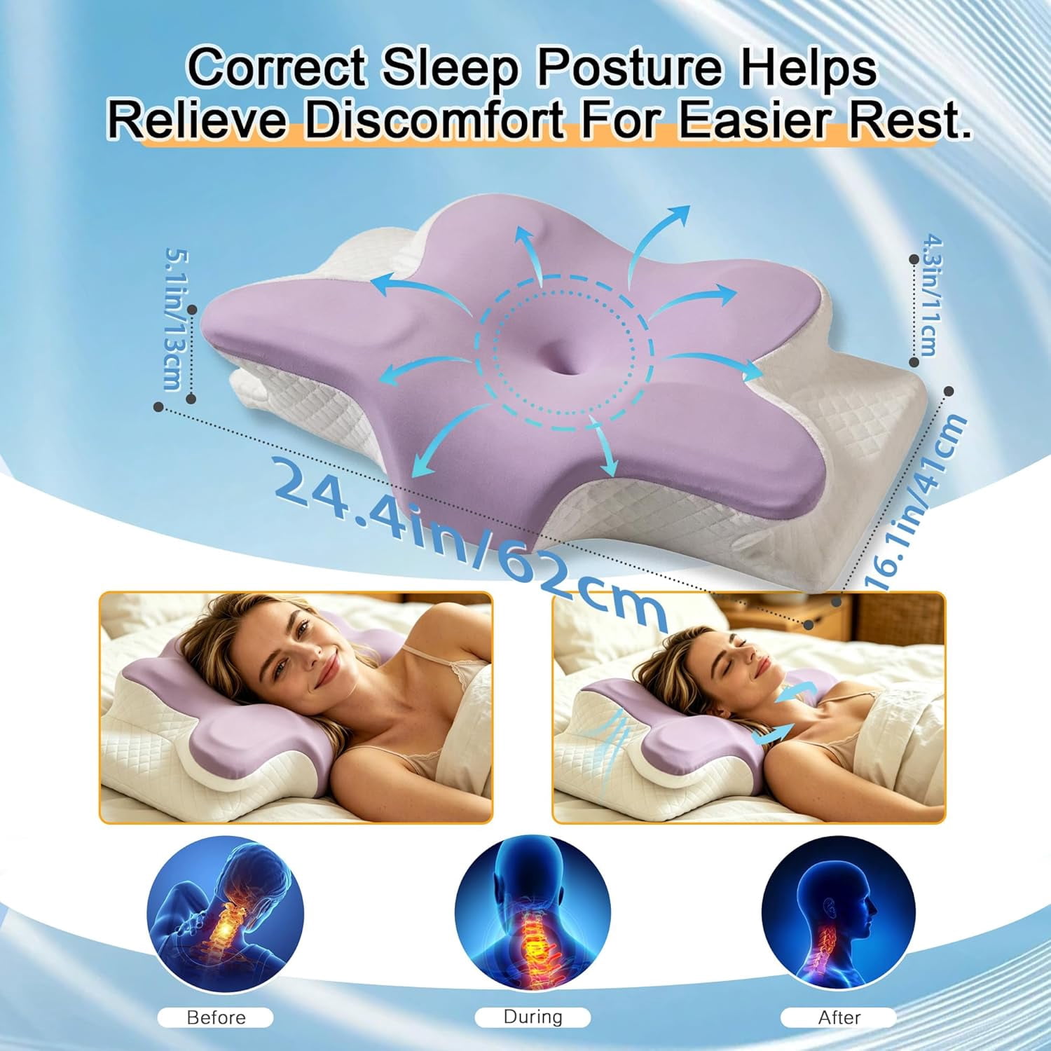 COOKCOK Cervical Neck Pillow for Pain Relief, Ergonomic Memory Foam Pillows for Neck Pain Relief with Breathable Pillowcase, Adjustable Orthopedic Support Contour Pillow for Side, Back, Purple