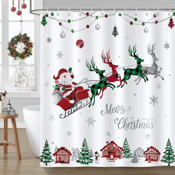 Merry Christmas Shower Curtain Red and Green Check Plaid Santa Claus Sleigh Reindeer Decorative Bath Curtain 72 x 72 Inch Bathroom Curtain with 12 Hooks