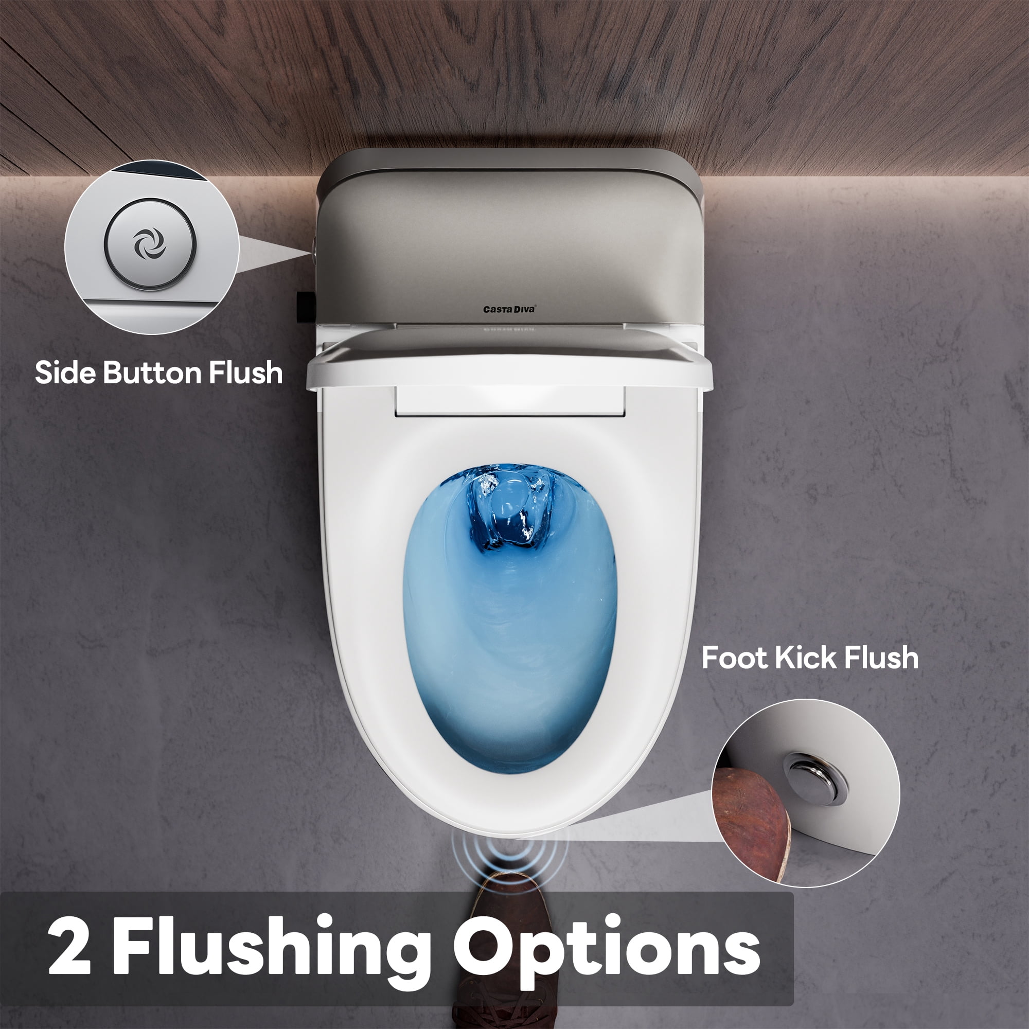 Casta Diva Non-Electric Bidet Toilet, MAP 1000g Powerful Flush Smart Toilet with Lady/Rear Wash, Foot-kick Flush, ADA Comfort Seat Height (Power Free)