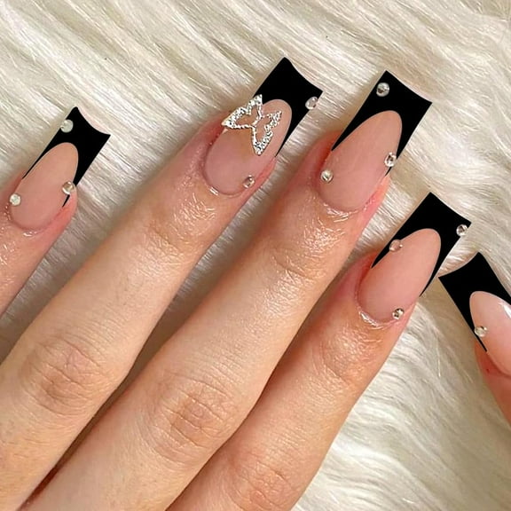 Medium Press on Nails Coffin Fake Nails 24Pcs Pink White Ombre Coffin False Nails with A Little Bit of Glitter Designs Acrylic Nails Press ons Artificial Nails Stick on Nails for Women black French