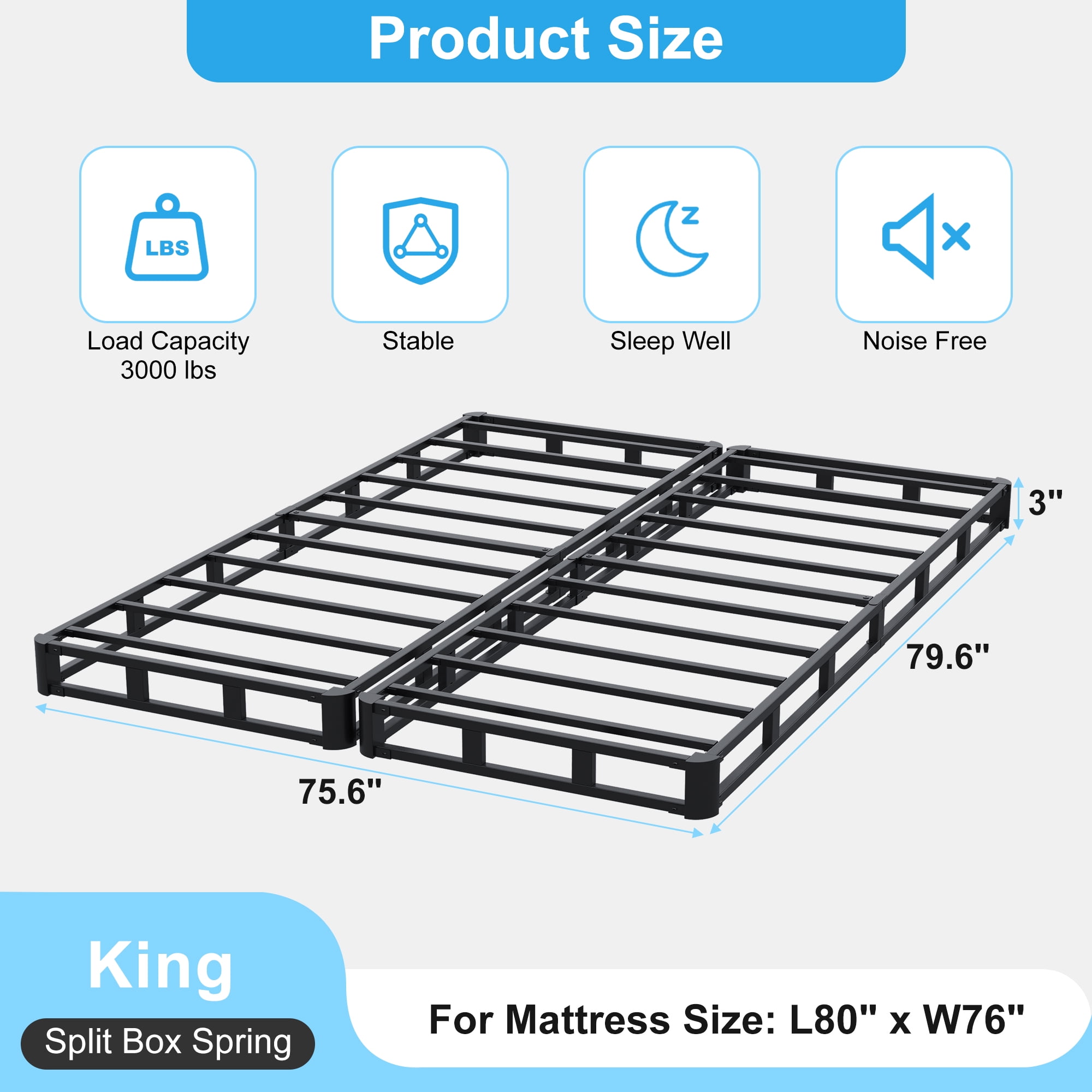 Maenizi 3" Low King Box Spring Split, 2-Pieces Under Mattress Support Box Steel Spring with Fabric Cover, Easy Assembly, Noise Free