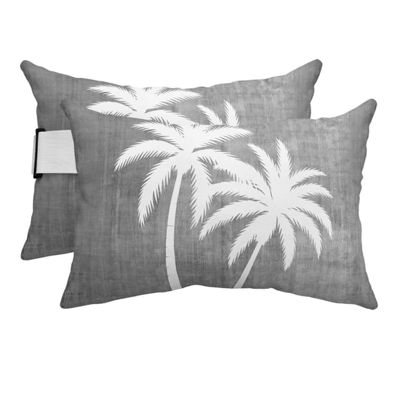 Outdoor Lumbar Pillows with Strap & Insert Grey Tropical Palm Trees Recliner Head Pillow Pack of 2 Linen Grain Waterproof Headrest Patio Lounge Chair Pillows for Beach Office 11x16 Inch