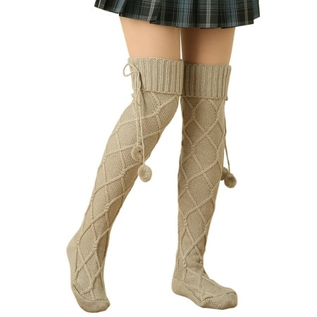 

Nomeni Women Simple Fashion Solid Color Knit Tall Socks Wool Ball Texture Long Tube Pile Socks