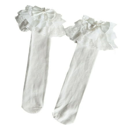 

Kids Baby Girls Gothic Lolita Knee High Socks Vintage Multi Layered Ruffled Lace Sweet Candy Color Satin Bowknot Princess Cotton Tube Stockings