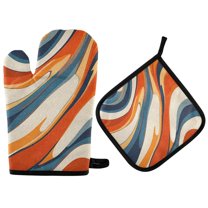 Yayeee Oven Mitts and Pot Holder Set of 2 Heat Resistant Kitchen Gloves Baking Hot Pad, Beige Abstract Wavy