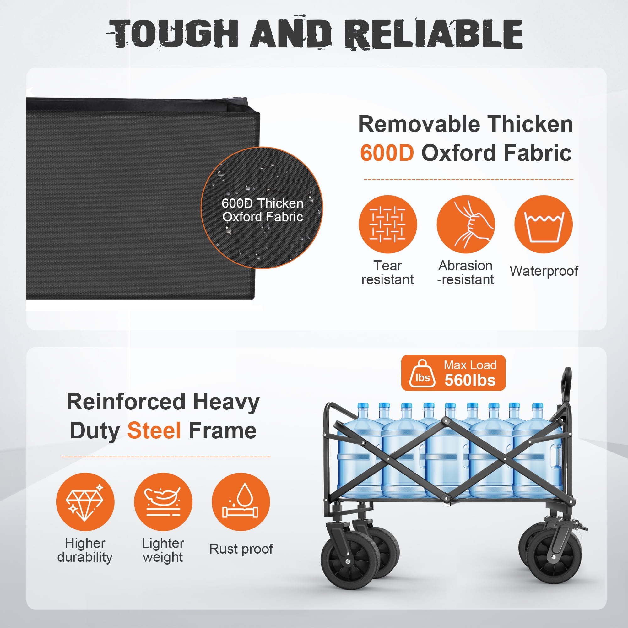 Qunler Large Collapsible Folding Wagon, 560 lbs Heavy Duty Big Bucket Utility Garden Cart with Oversized Tank Wheels for Sports, Shopping, Camping, Kids, Black
