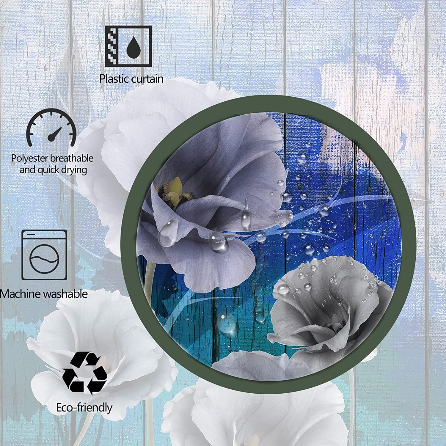 Stall Blue Rustic Shower Curtain,36x72 inch RV Bathroom Shower Curtains Set with Hooks,3D Floral Bath Curtain,Waterproof Fabric