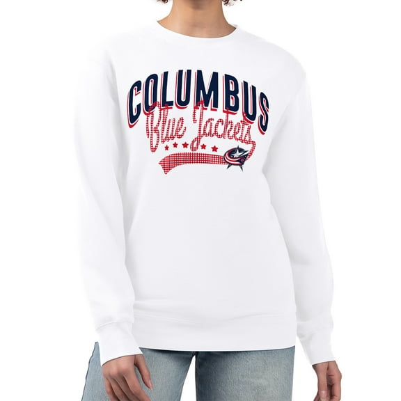 Women's G-III 4Her by Carl Banks  White Columbus Blue Jackets Filigree Team Graphic Fleece Pullover Sweatshirt