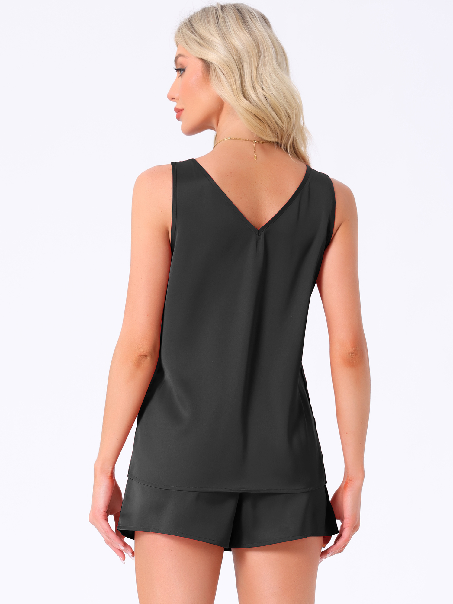 DARING DIVA Satin Silky Tank Top Shorts Pleated Front 2 Piece Pajama Sets M Black