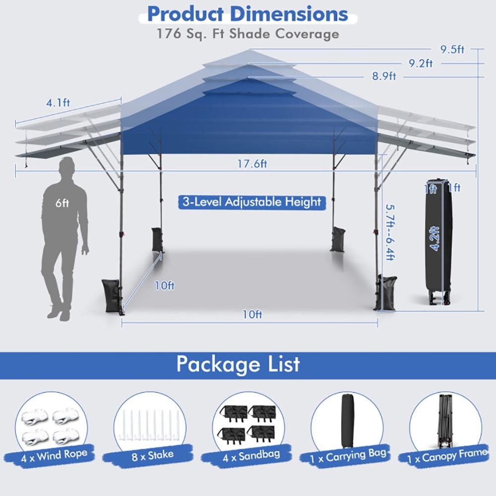 Aimee Lii 10 x 17.6 Feet Outdoor Instant Pop-up Canopy Tent with Dual Half Awnings, Backyard Canopy Gazebo for Party Camping BBQ Events, Blue Aimee Lii 10 x 17.6 Feet Outdoor Instant Pop-up Canopy Tent with Dual Half Awnings, Backyard Canopy Gazebo for Party Camping BBQ Events, Blue