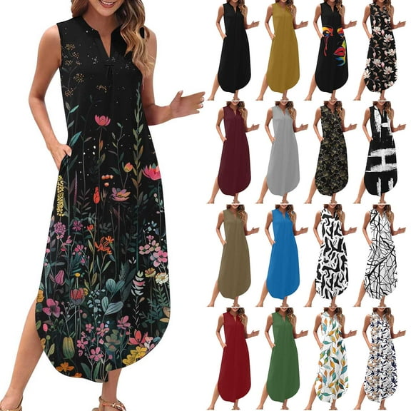 Horkkom Maxi Dresses for Women Sleeveless V Neck Floral Dress Loose Split Beach Dresses with Pockets, Gifts for Women L