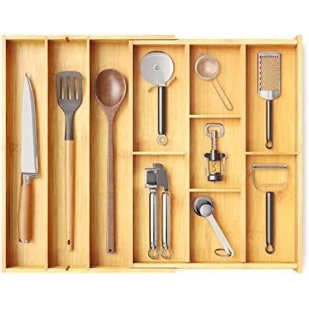 Bamboo Utensil Drawer Organizer with Labels Kitchen Silverware Expandable Tray Holder Organizer for Flatware Cutlery Spoon and Knives Drawer Storage Organization (Natural)