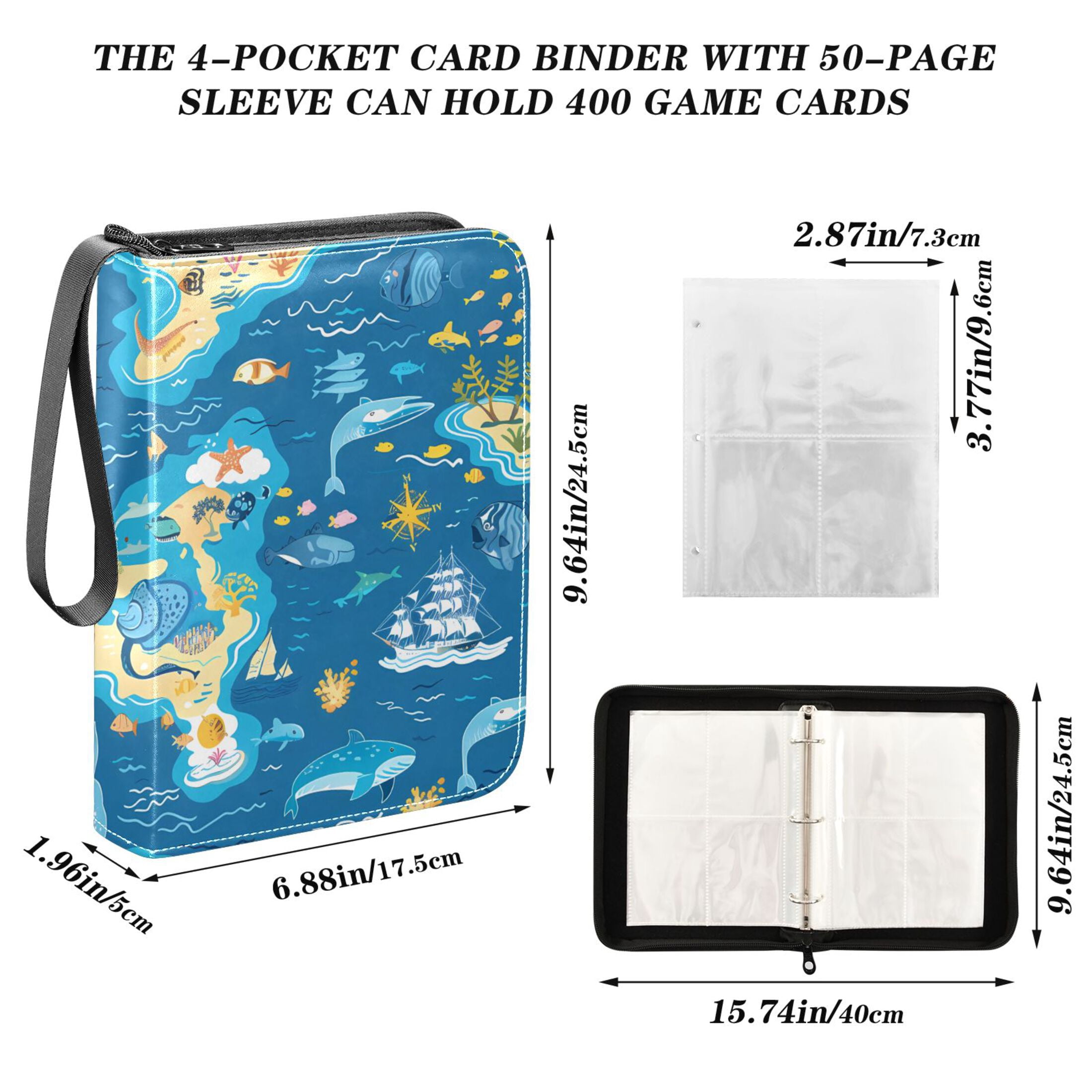 Trading Card Binder Album 400 Pockets 50 Removable 4-Pocket Pages Waterproof Sea Islands Fish Ship