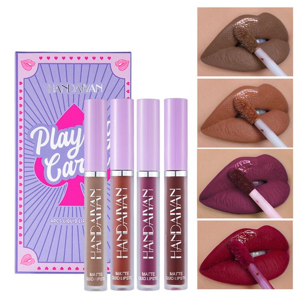2 Juego de lápiz labial mate, 4 colores, lápiz labial líquido con tinte de terciopelo de larga duración, taza antiadherente resistente al agua, brillo de labios, herramienta cosmé