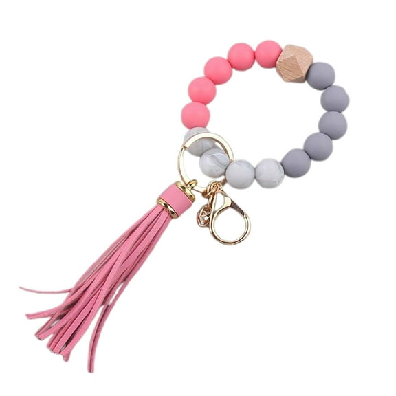 Silicone Beaded Bracelet Keychain Wristlet with PU Leather Tassel Portable Key Ring Bangle for Women Car Keys Holder