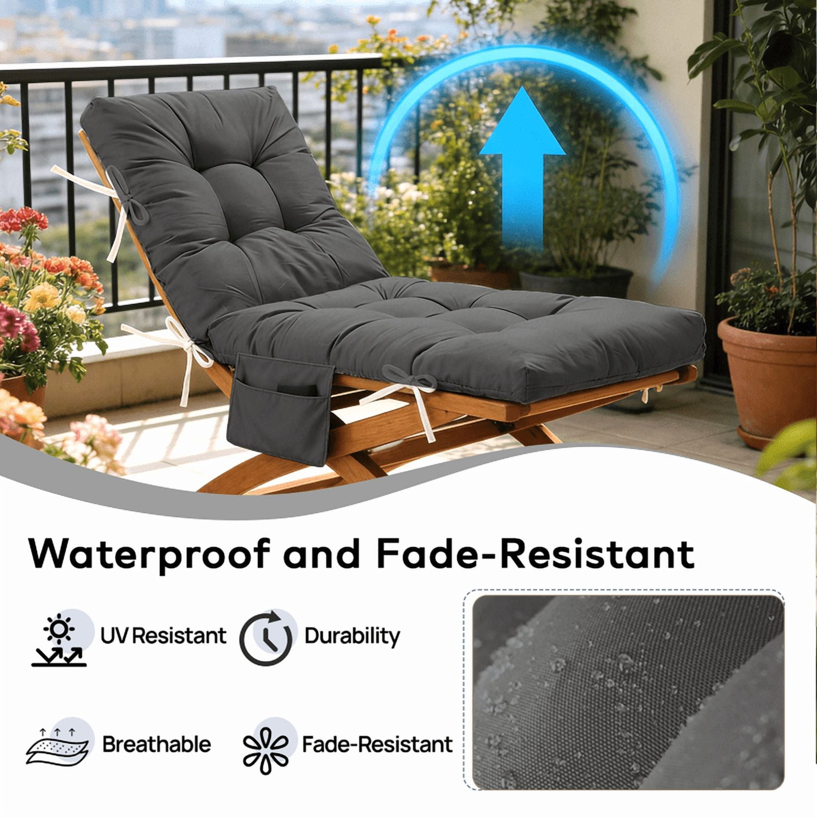 PUKNLY Chaise Lounge Chair Cushion Outdoor, 67*22*4 in Thickened Leisure Lounge Deck Chair Cushion, Waterproof & Fade-Proof Patio Pool Sun Lounger Pad with Straps, Bag, for Pool, Beach, Balcony