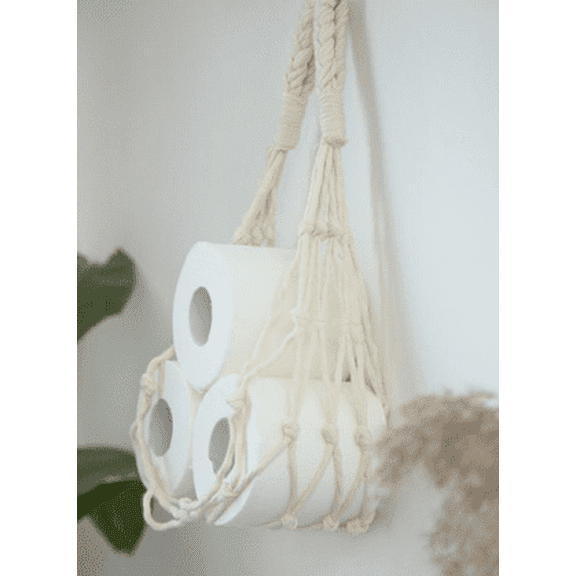 Toilet Paper Storage Holder Wall Hanging Storage Mesh Bag Boho Handmade Cotton Net Bag Paper Roll Holder for Home Bedroom Bathroom Living Room