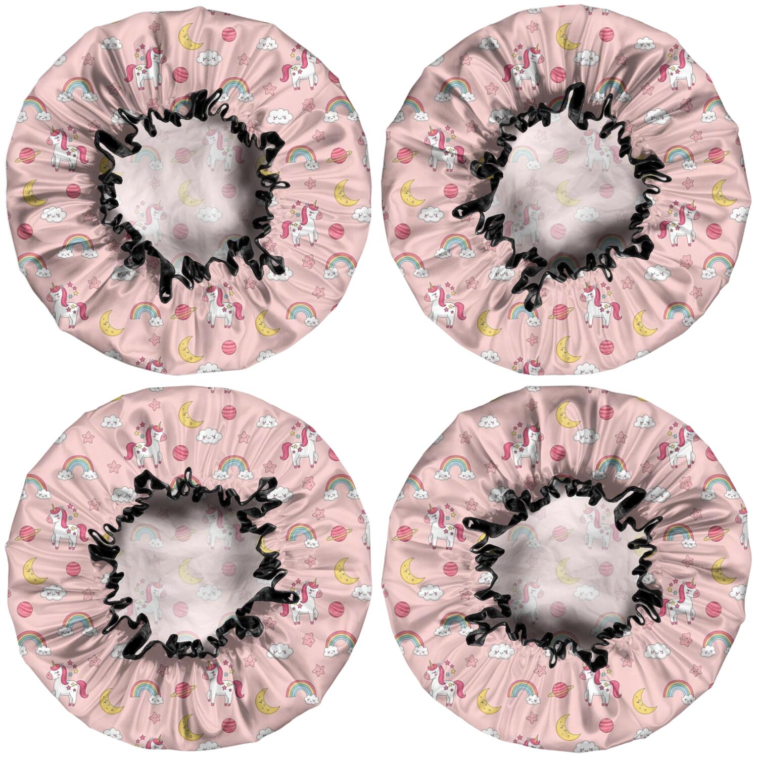 Shower Caps,Pink Cartoon Unicorn Rainbow Cloud Moon Planet Waterproof Shower Cap for Women 4 Pieces,Double Reusable Hair Cover for Shower PEVA Elastic Stretch Hem