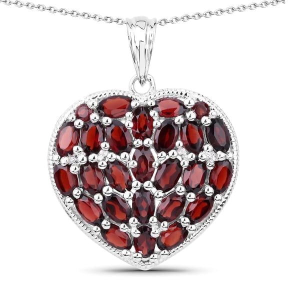 Fine Color Jewels Genuine Garnet and White Topaz Heart Pendant Necklace, 6.98 Carat, .925 Sterling Silver with Rhodium Plating for Women