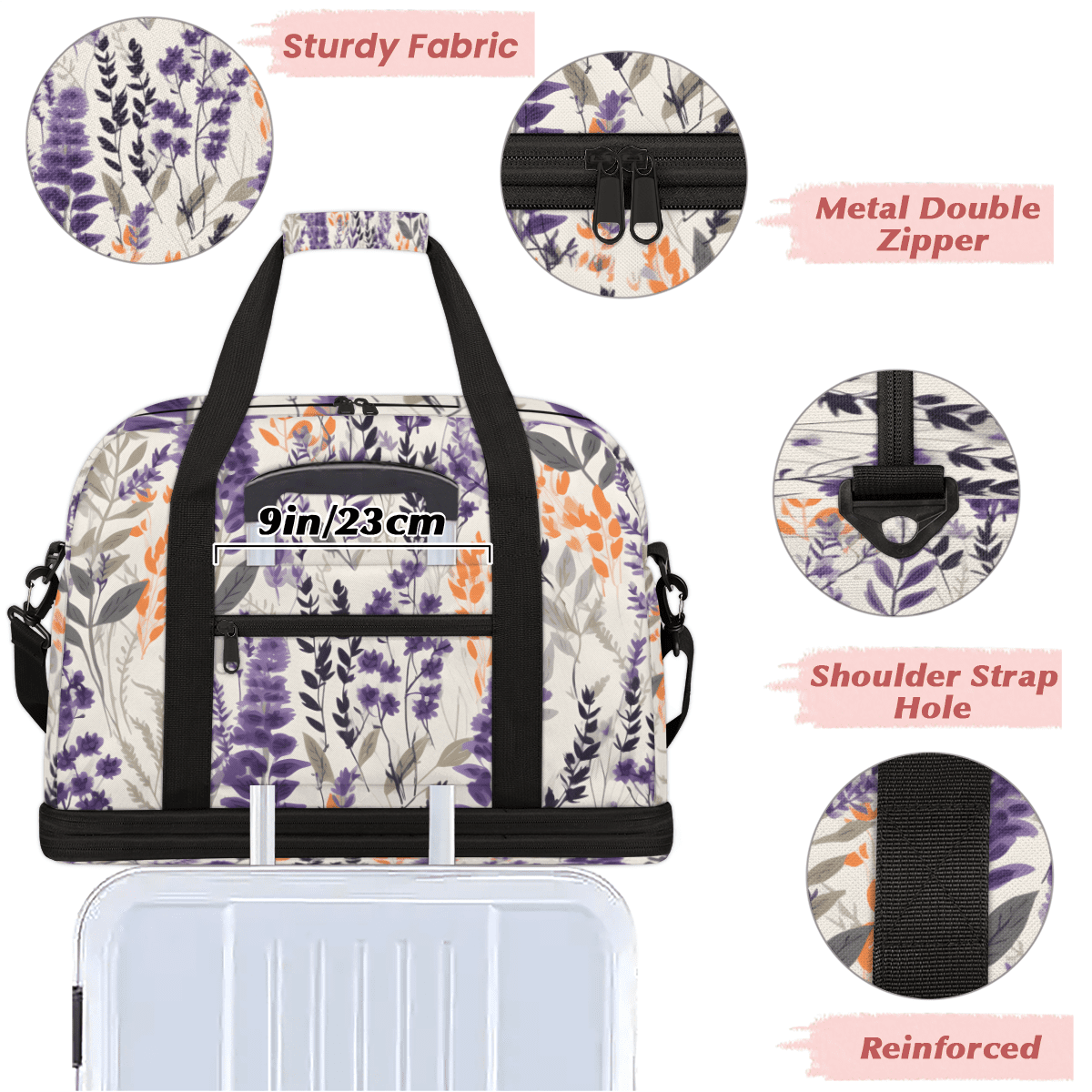 Herdesigns Floral Foldable Travel Duffle Bag for Women and Men Lightweight Carry On Overnight Bag Lavender Gym Luggage Weekender Bags with Shoe Compartment