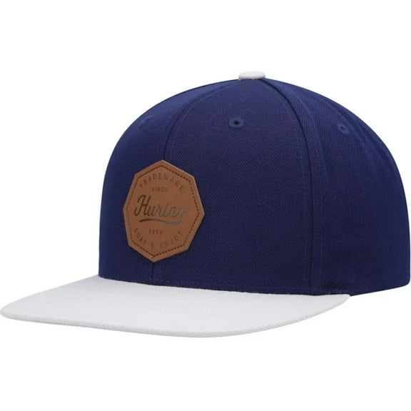 Hurley Men's Snapback Hat Tahoe Leather Patch Wool Blend Flat Bill Cap (Navy/Grey)