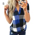 thumbnail image 4 of T-Shirt Femme Col en V Haut Ample Manches Courtes Haut à Carreaux Blouse Décontractée, Bleu, P, 4 of 6