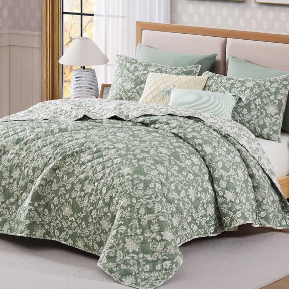 Quilt Set Queen Size, Green Floral Quilt Sets, Reversible Bedspread Lightweight and Breathable for All Seasons, Soft Quilted Bedspread with 2 Pillow Shams
