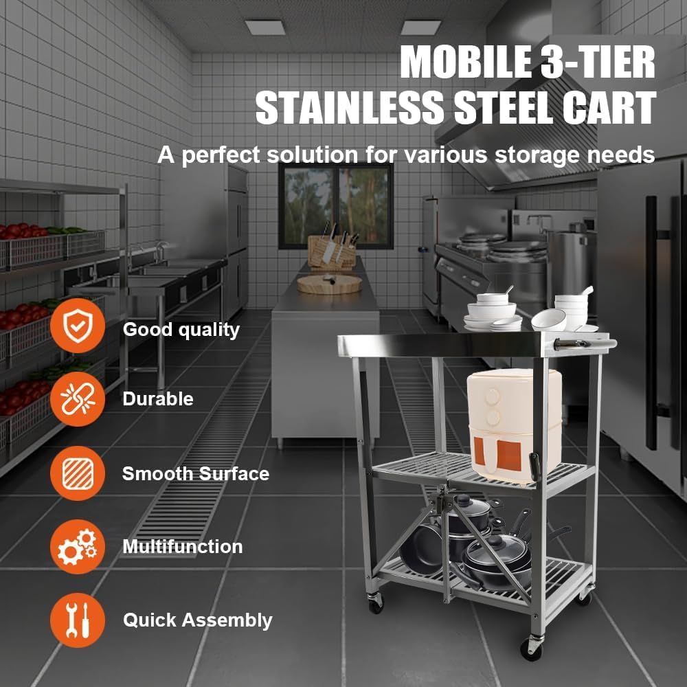 Stainless Steel Utility Cart with Wheels, 3 Tier Foldable Rolling Service Cart, Top Work Table Food Prep Table Kitchen Island for Restaurant, Dining Room, Hotel