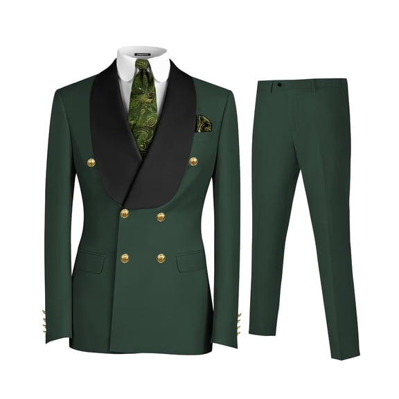 Men's Dark Green Two Piece Double Breasted Tuxedo Regular Fit Suit Blazer Pants for Business Wedding Party, XXL